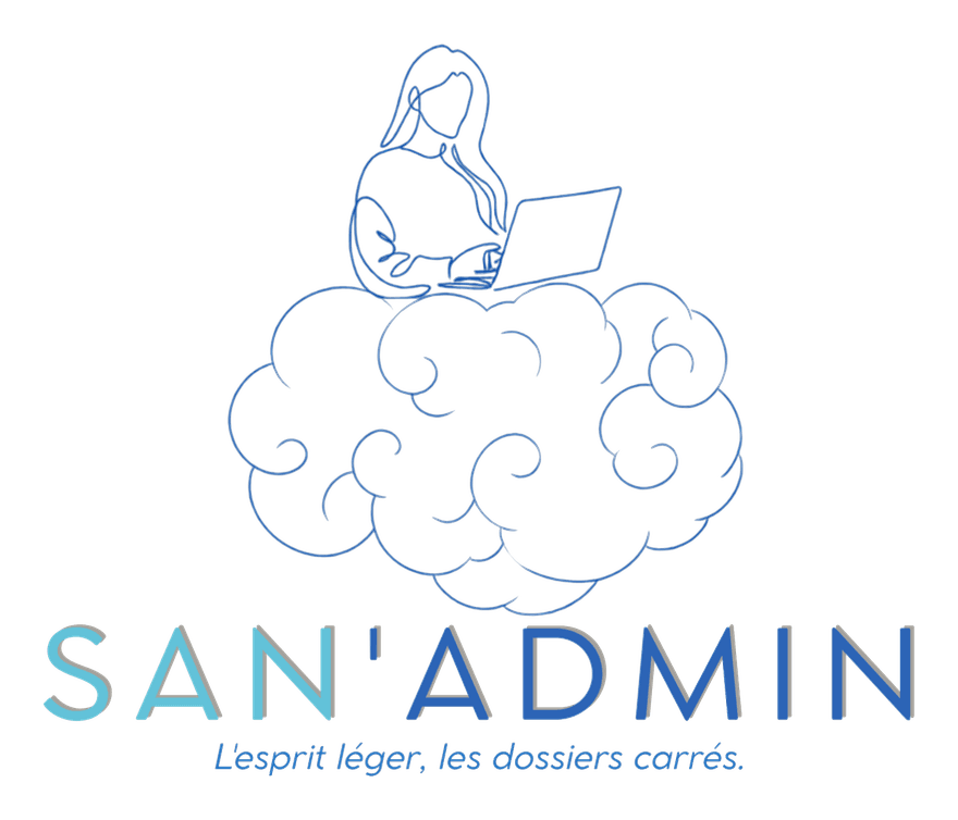 Logo San'Admin : une femme travaillant sur un nuage, l'esprit léger, les dossiers carrés